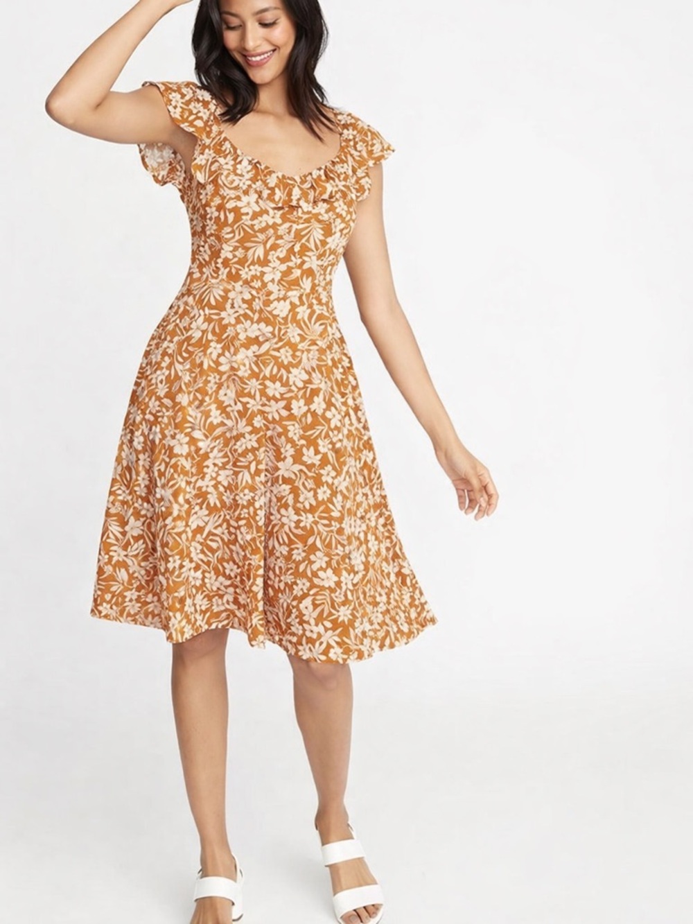 Boho Flutter-Sleeve Mustard Floral Dress